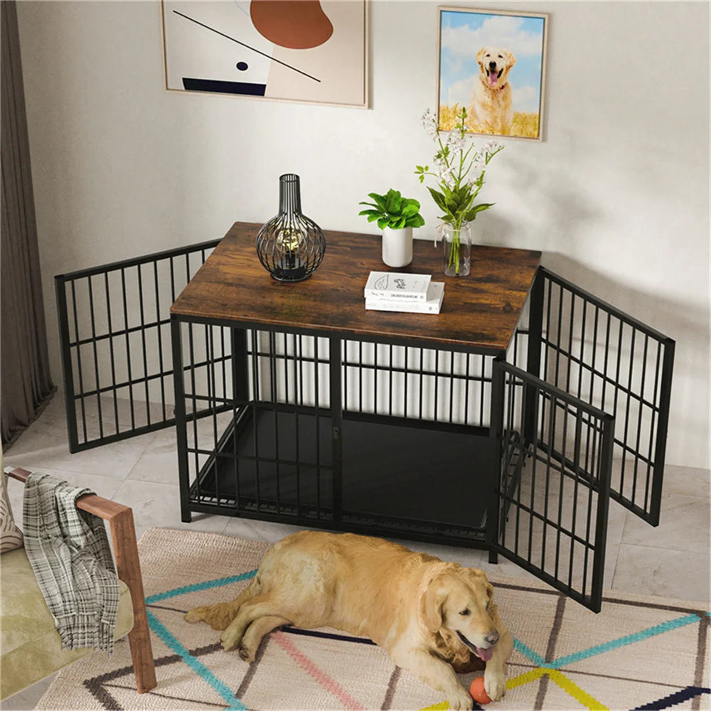 BORWART Wooden Elevated Dog Crate End Table With Three Doors