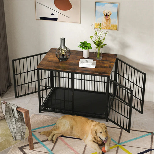 BORWART Wooden Elevated Dog Crate End Table With Three Doors