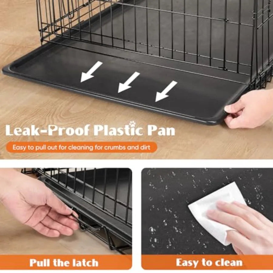 Double Door Folding Metal Dog Crate With Leak-Proof Pan