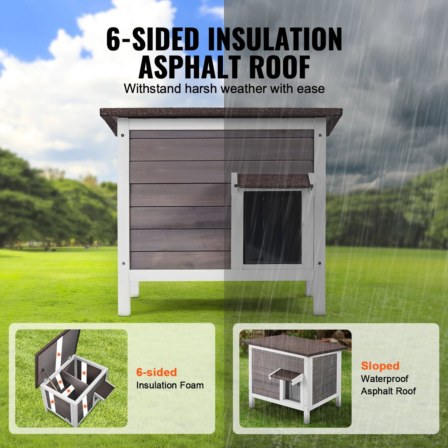 SucceBuy Outdoor Cat House Weatherproof Feral Shelter Insulated Wooden