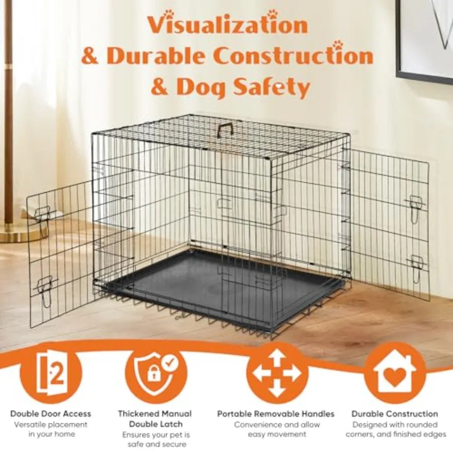 Double Door Folding Metal Dog Crate With Leak-Proof Pan