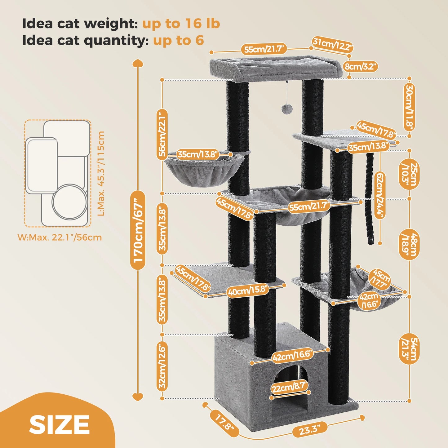 PAWZ Road Large Cat Tree Tower With Hammock Five Levels
