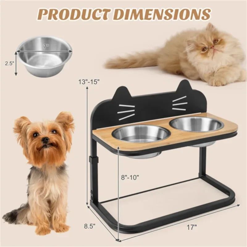 Premium Stainless Steel Dual Bowls Elevated Feeder With Adjustable Height