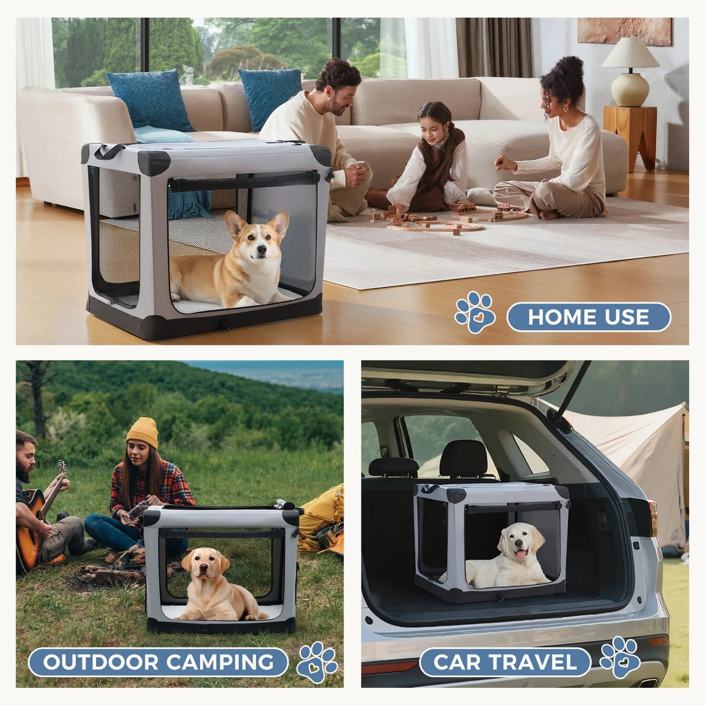 JHK Foldable Soft Dog Crate With 3 Doors Portable Kennel