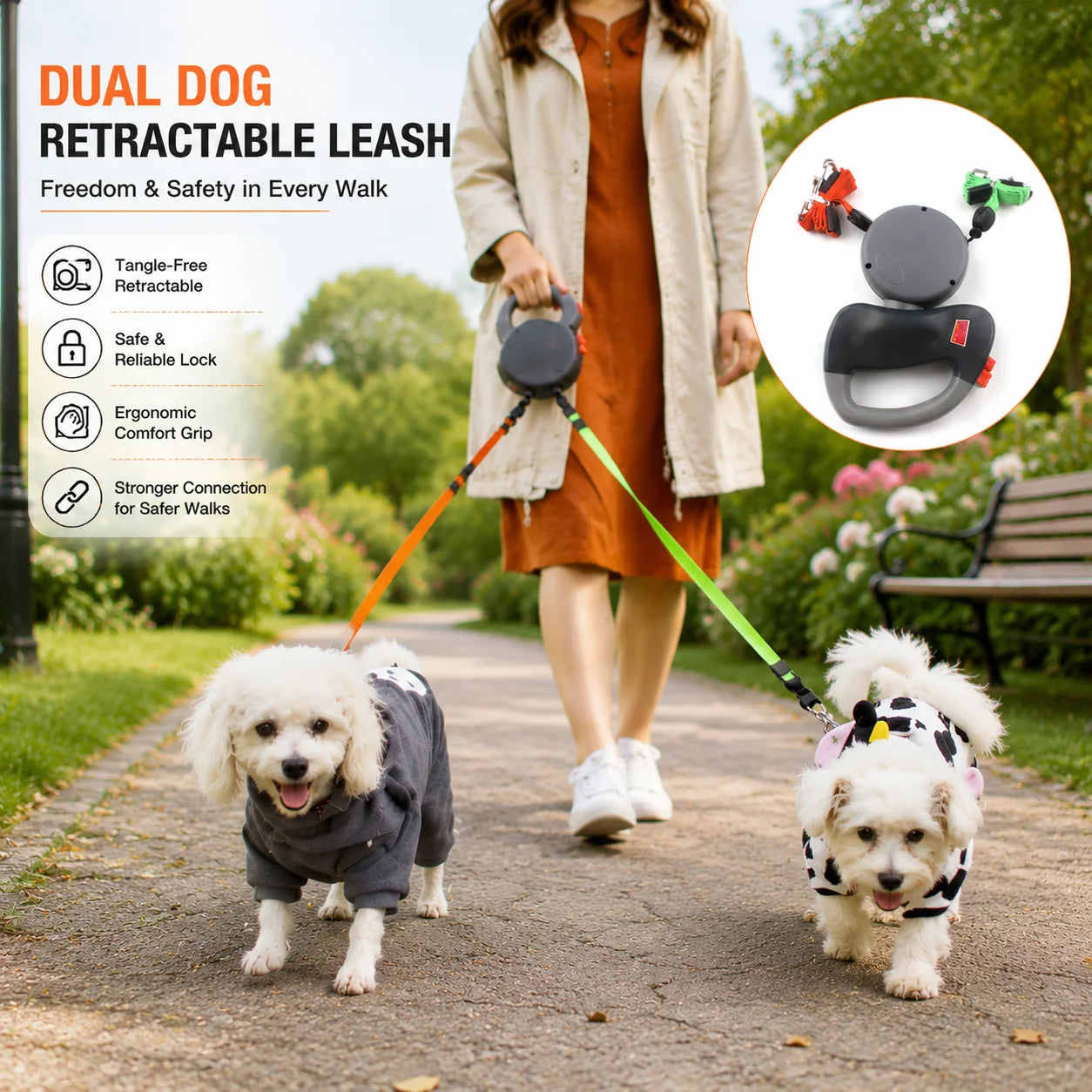 Self-Retracting Dual-Head Pet Leash For Two Dogs 360-Degree