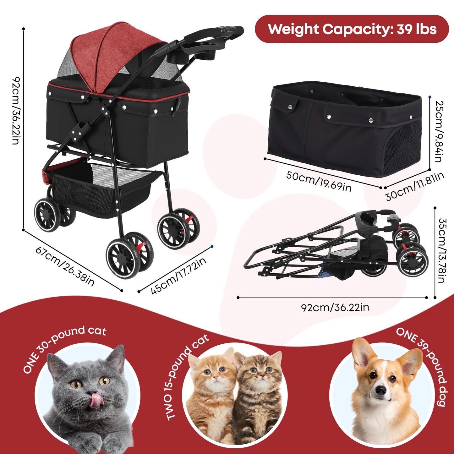 Chihuahua Three-Wheeled Pet Stroller For Small Medium Cats And Dogs