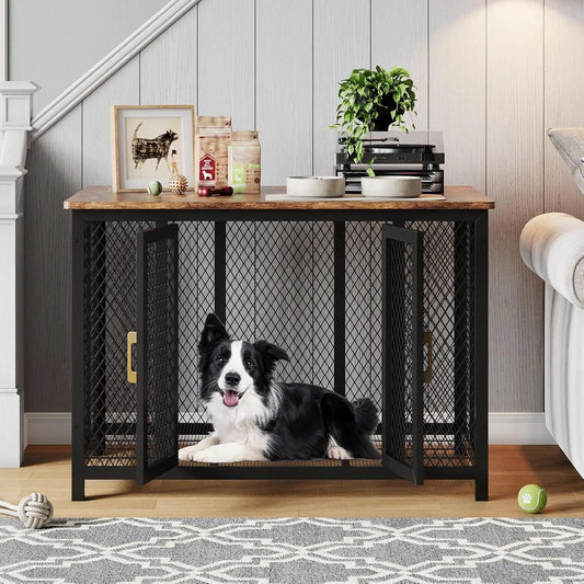 HiMISS Wooden Dog Crate Furniture With Double Doors Top Door