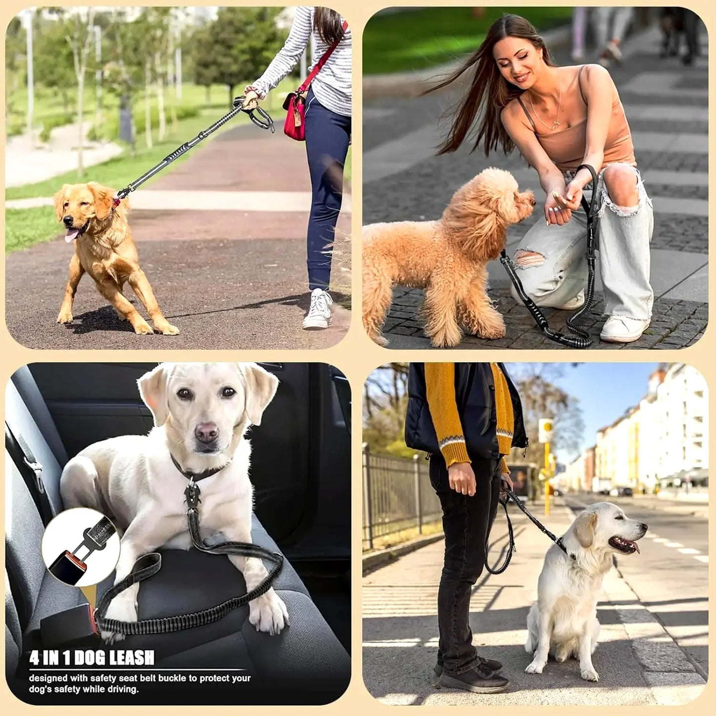 Reflective Shock Absorbing Tactical Dog Leash With Car Seatbelt