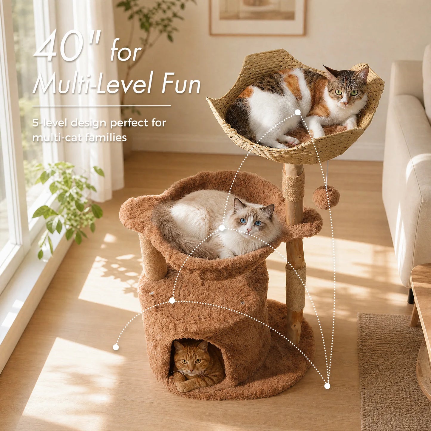 PAWZ Road Modern Cat Tree With Wicker Basket And Hammock