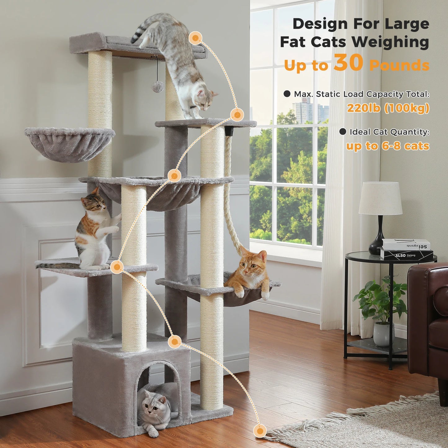 PAWZ Road Cat Tree Tower With 7 Thick Sisal Posts And Hammocks For Indoor Cats