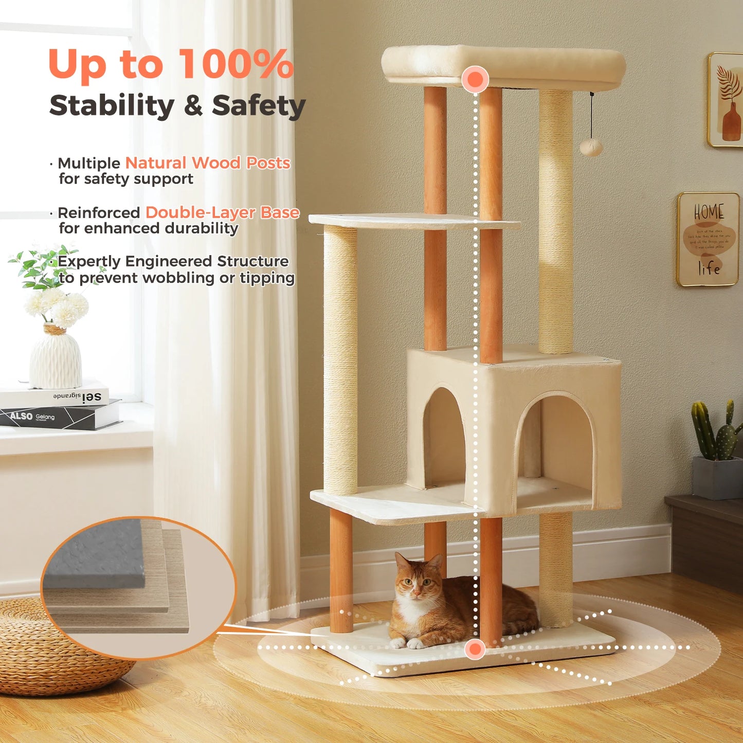 PAWZ Road Modern Wooden Cat Tree With Sisal Posts And Condo